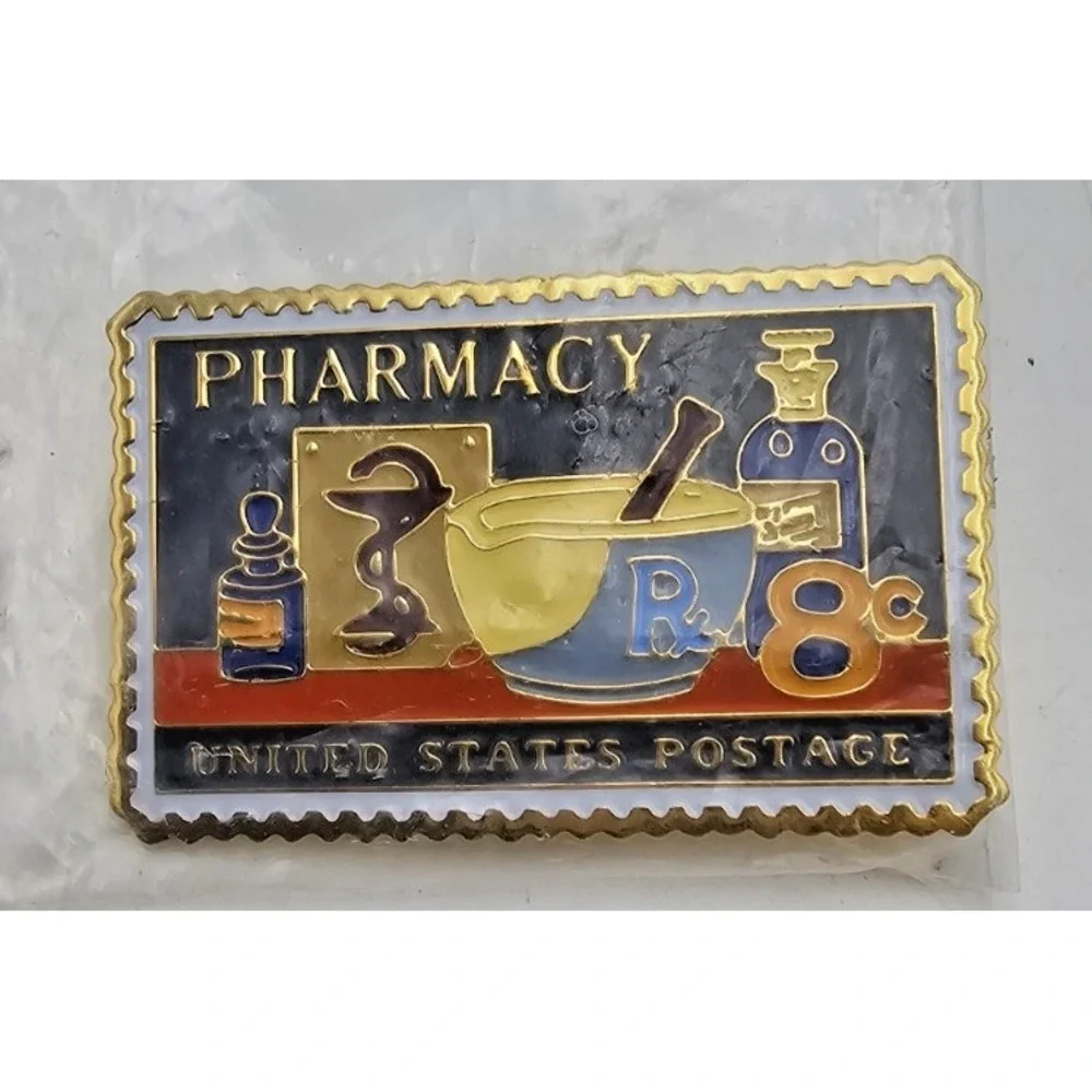 Allen & Hanburys Pharmacy United States Postage Stamp Enamel Lapel Pin Vintage